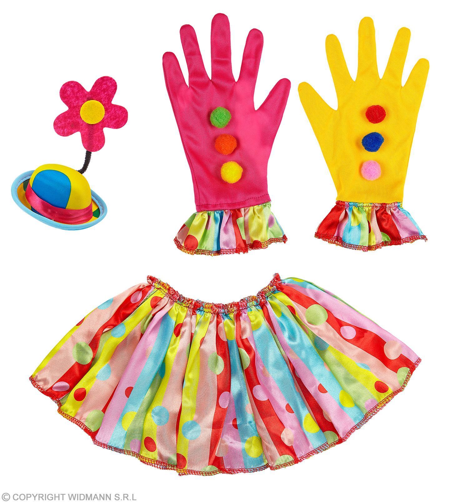 Clown's set minihoed, kraag, handschoenen