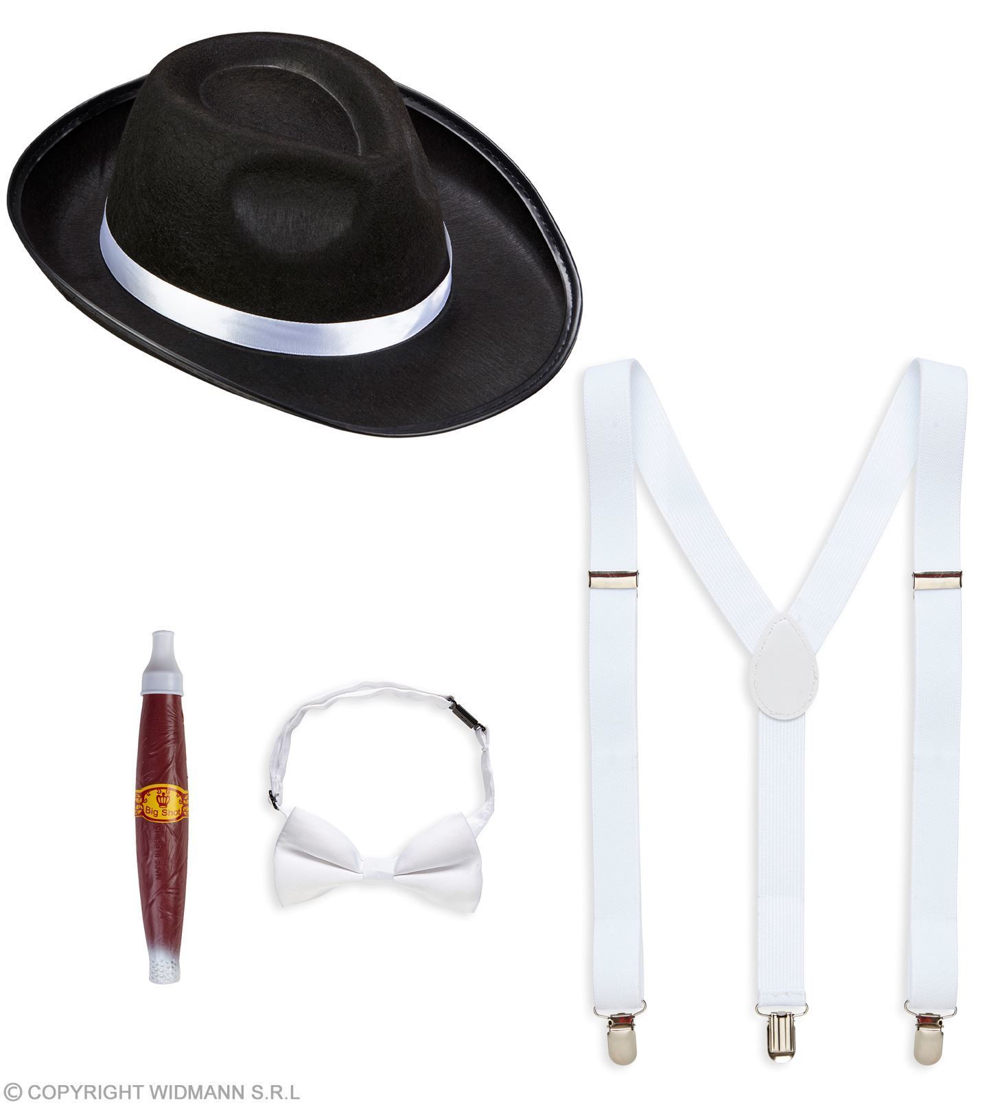 gangster set hoed, bretels, vlinderdas, sigaar