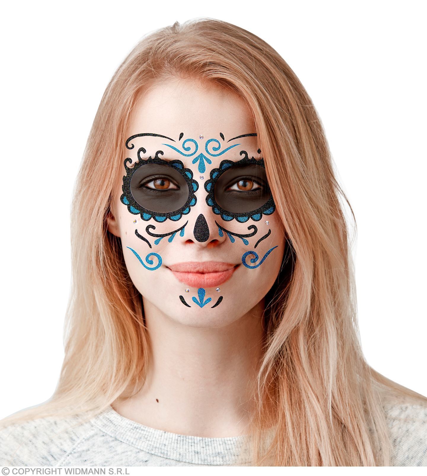 Glitter gezicht stickers dia de los muertos blauw