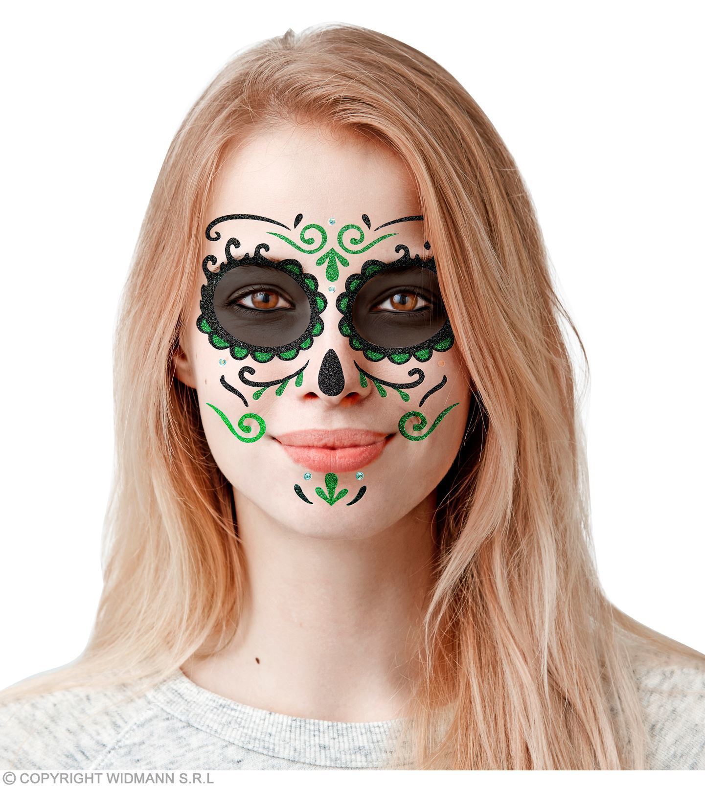 Glitter gezicht stickers dia de los muertos groen