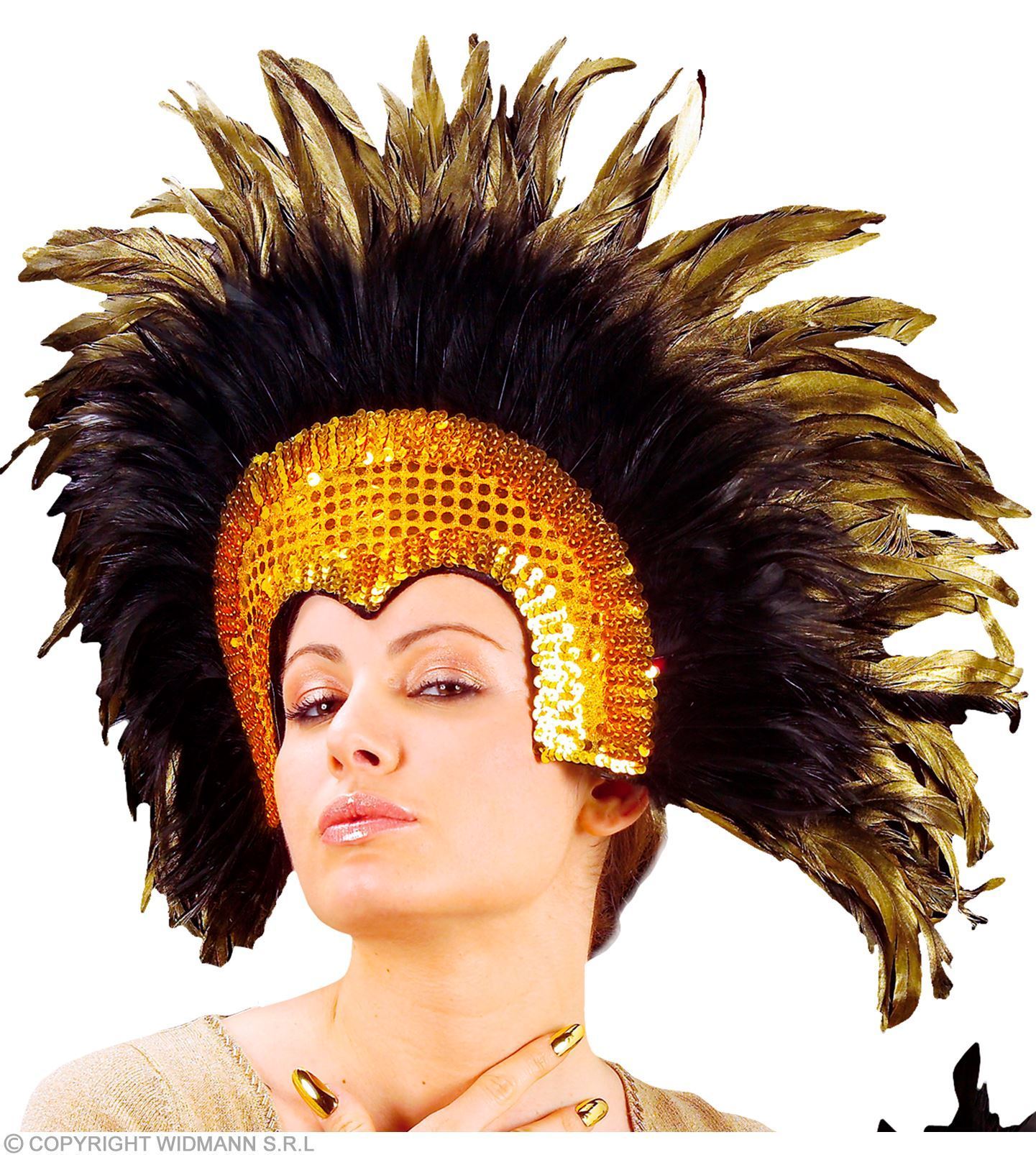Goude hoofdbedekking met veren, cabaret Brazil hoofdtooi showgirl goud