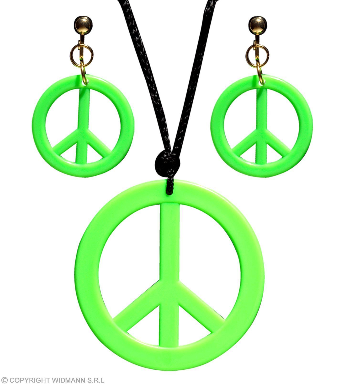 Hippie ketting en oorringen neon groen peace