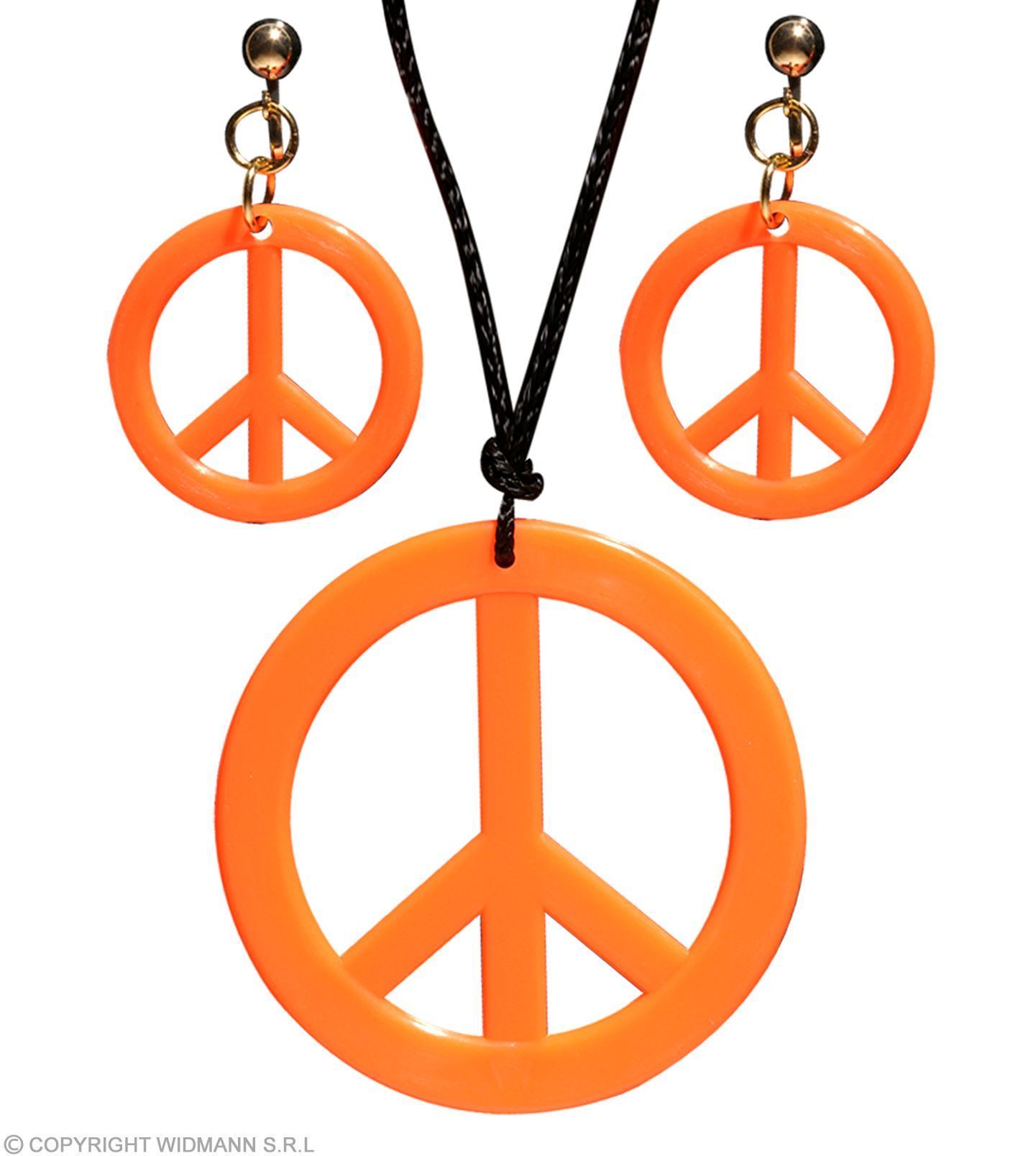 Hippie ketting en oorringen neon oranje peace