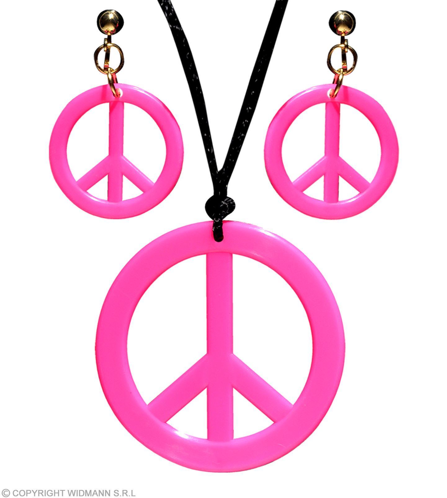 Hippie ketting en oorringen neon roze peace