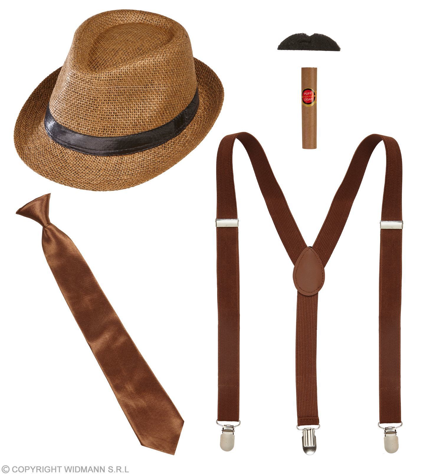 Jaren 20 vorige eeuw 20's mannen set hoed, bretels, stropdas, snor, sigaar