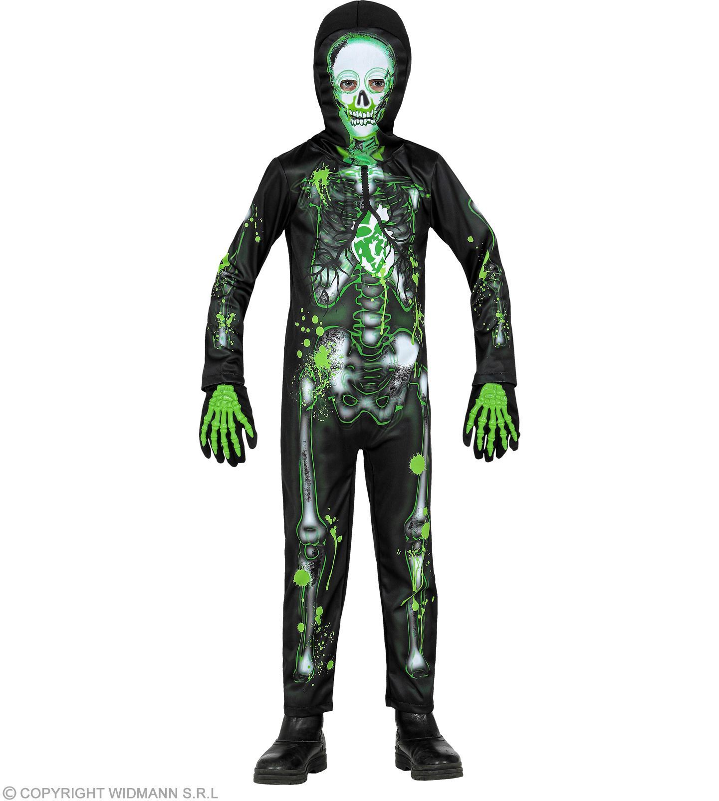 jumpsuit giftig groen skelet voor kinderen