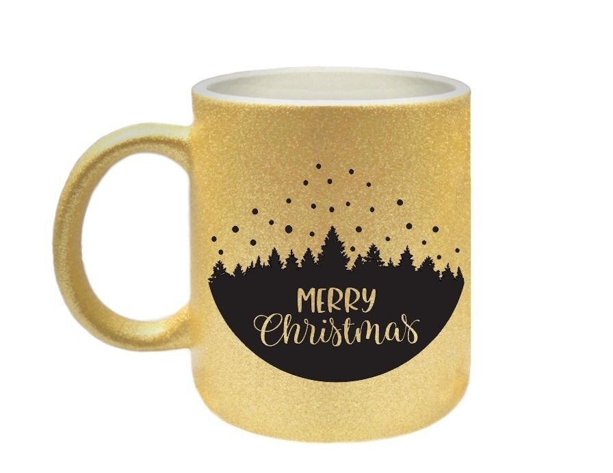 mok merry christmas landscape round design gouden glitter koffie mok