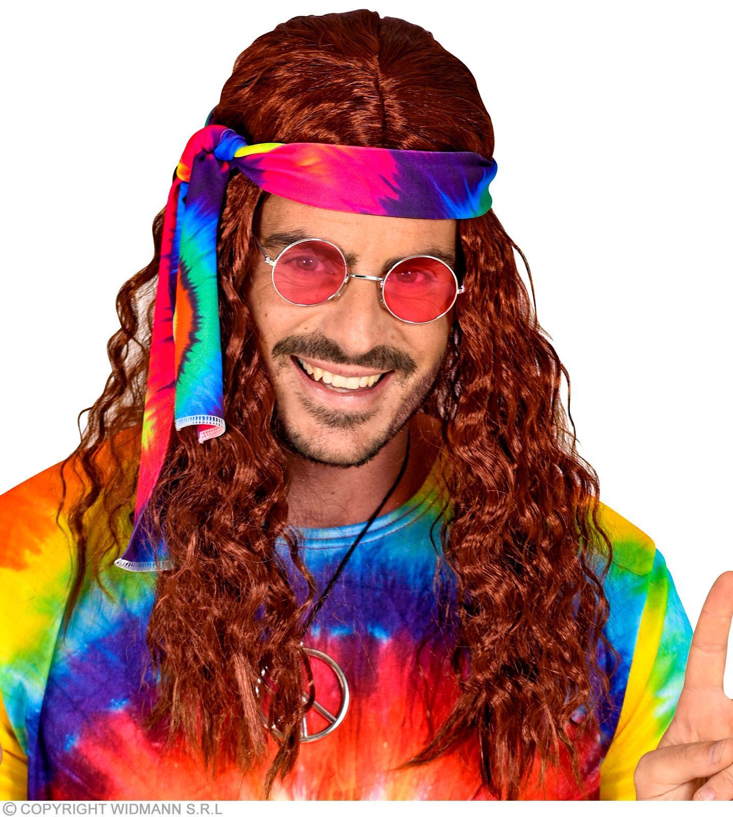 pruik, hippie met tie-dye hoofdband, bruin