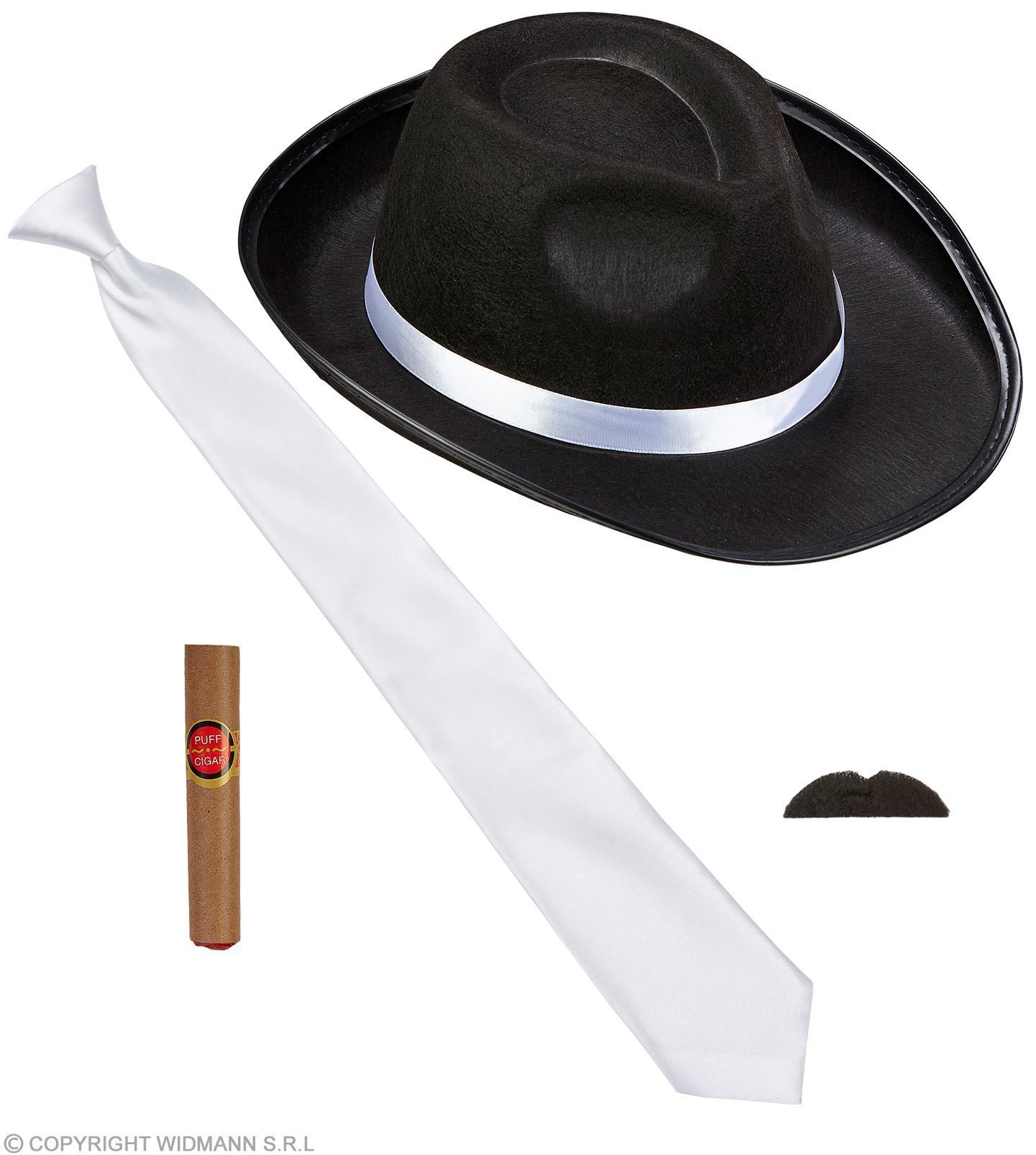 Set zwart wit jaren twintig vorige eeuw 20's zwarte hoed,  witte stropdas, snor, sigaar gangster
