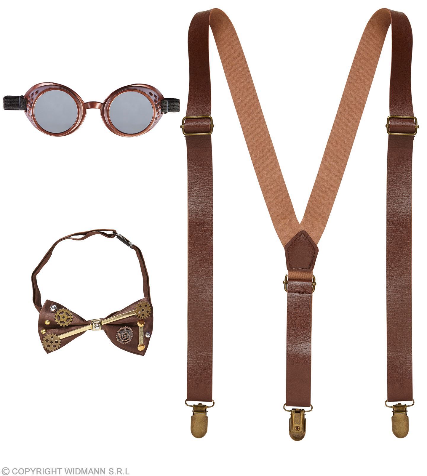 steampunk set bretels, vlinderdas, bril