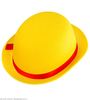 Gele bolhoed met rode band