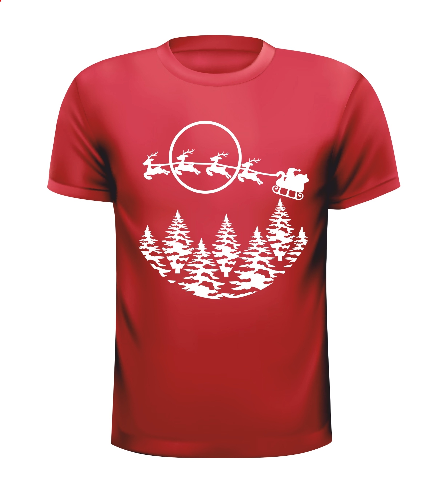 T-shirt met de opdruk van de kerstman en zijn rendieren in het bos