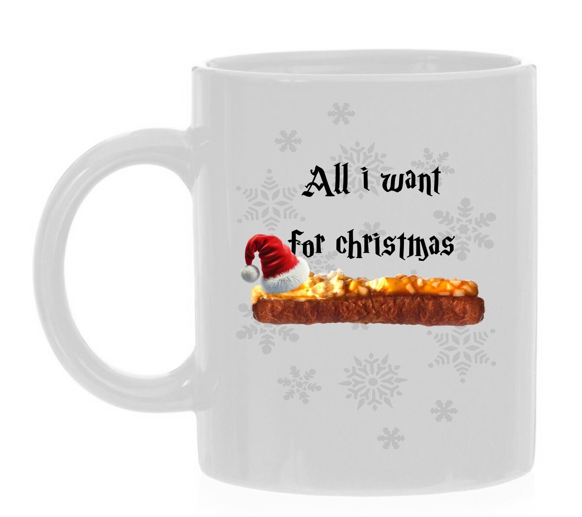 Koffie kerst mok All i want for Christmas frikandel speciaal