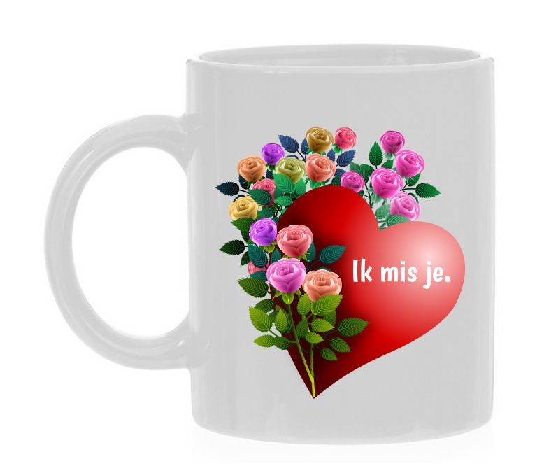 Valentijn koffie of thee mok met rood hart en rozen opdruk ik mis je