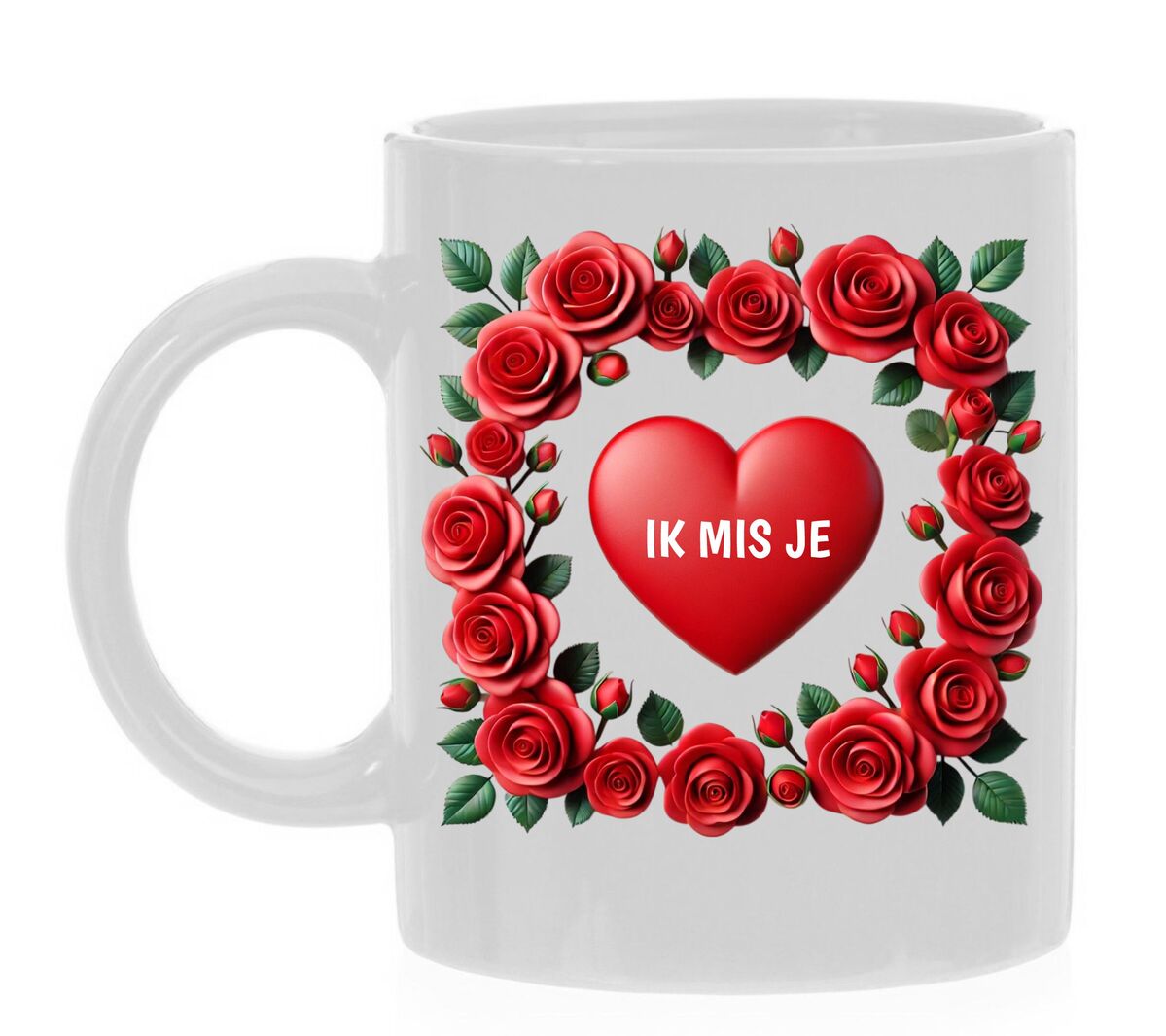 Valentijn koffie of thee mok met rood hart en rozen opdruk ik mis je