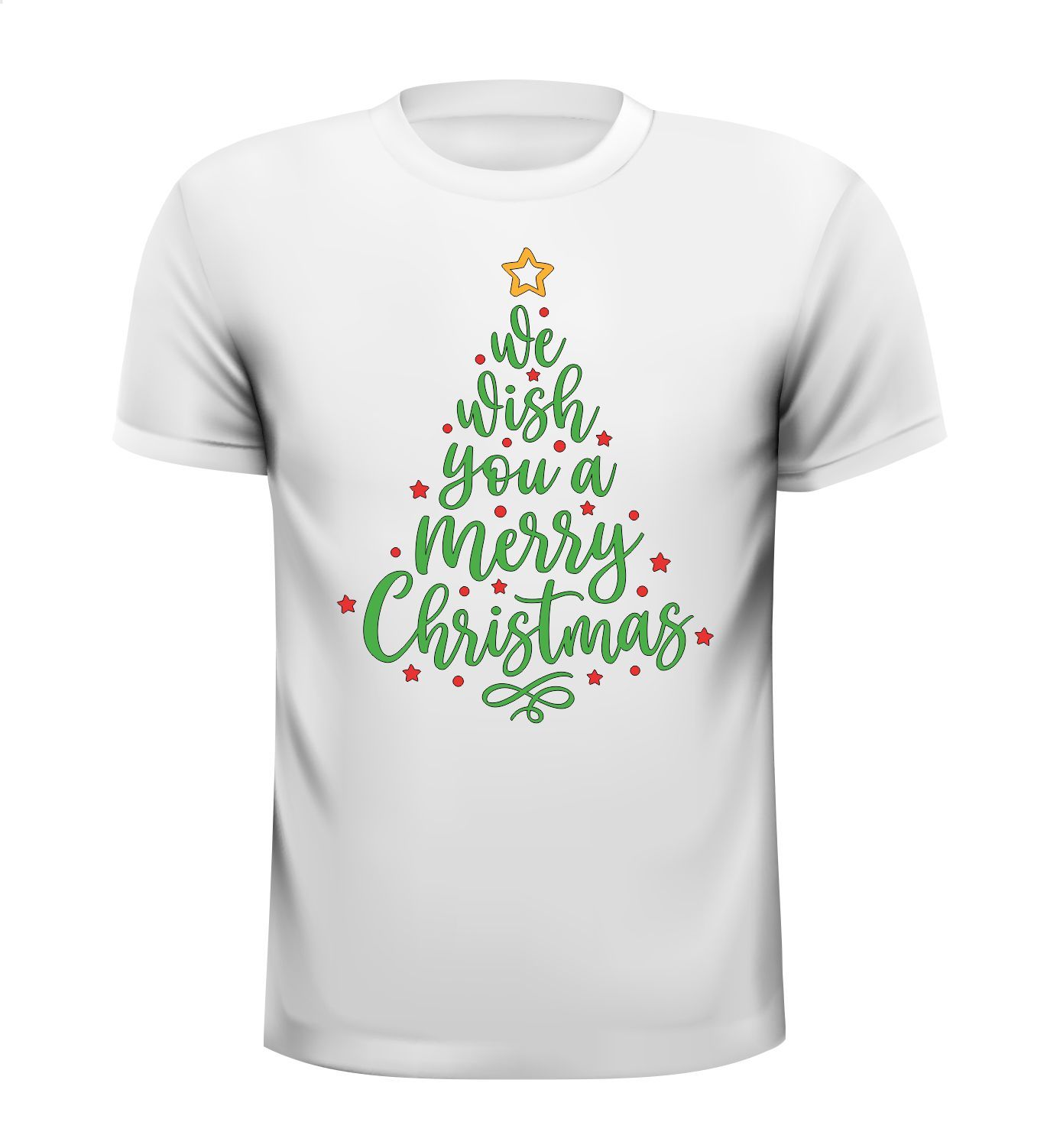 Wit kerst T-shirt we wish you a merry Christmas in de vorm van een kerstboom