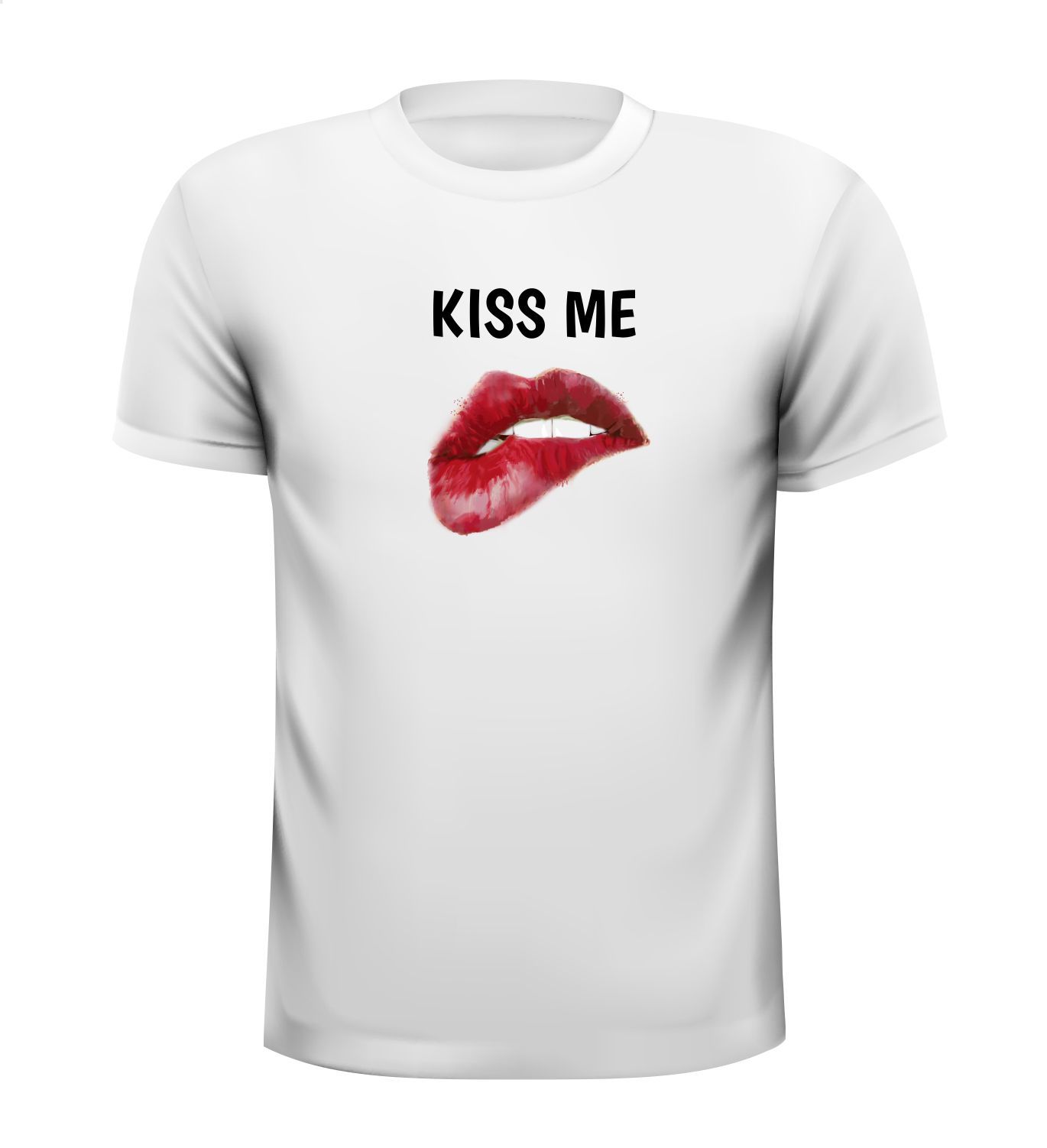 Wit T-shirt met rode lippen en mond wat uit het T-shirt sprint. kiss me