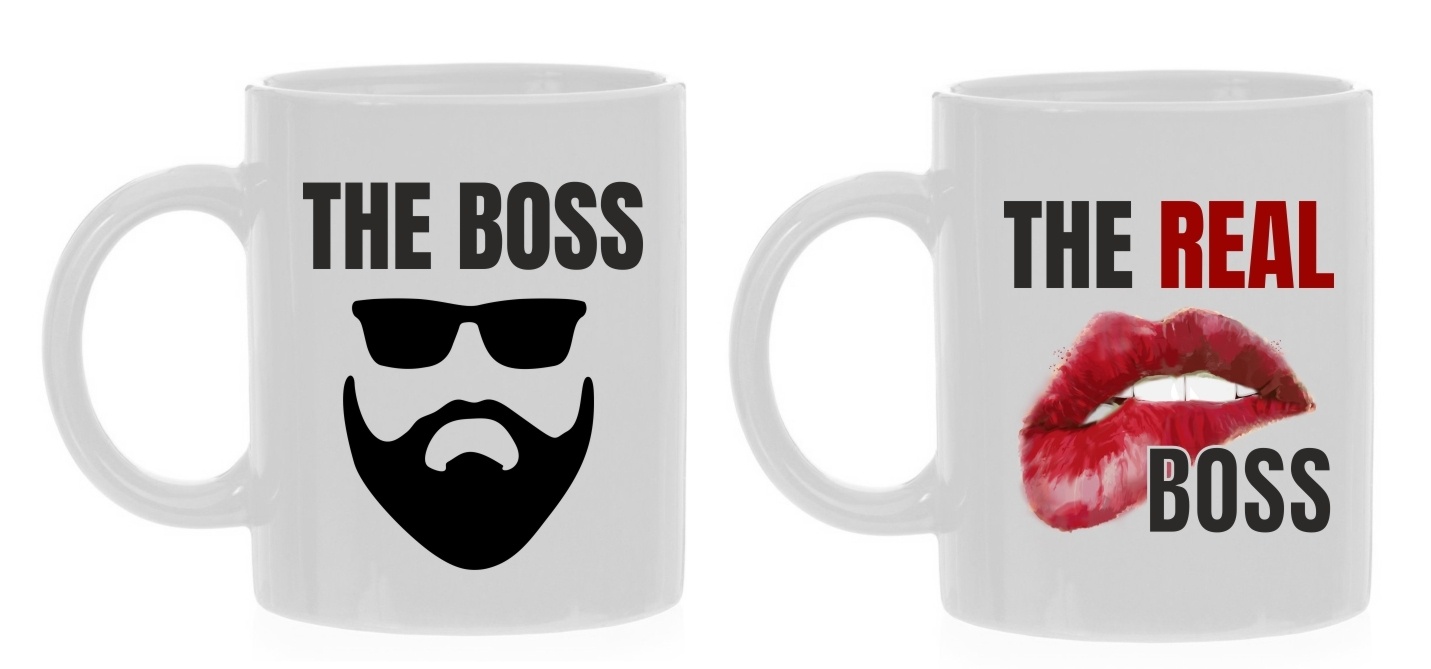 Valentijnsdag koffie mokken set the boss the real boss de baas en de echte baas koffiemokken set
