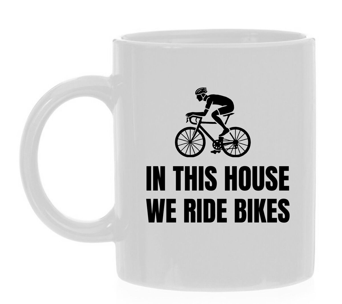 Witte mok voor Wielrenners in this house we ride bikes