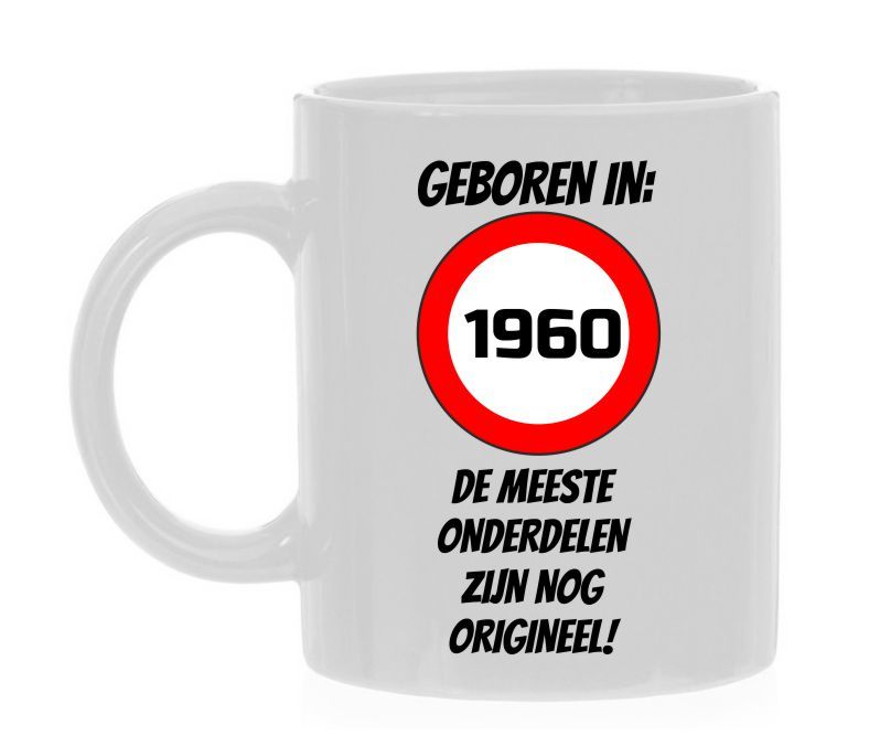 Mok met opdruk geboren in 1960 alle onderdelen zijn nog orgineel