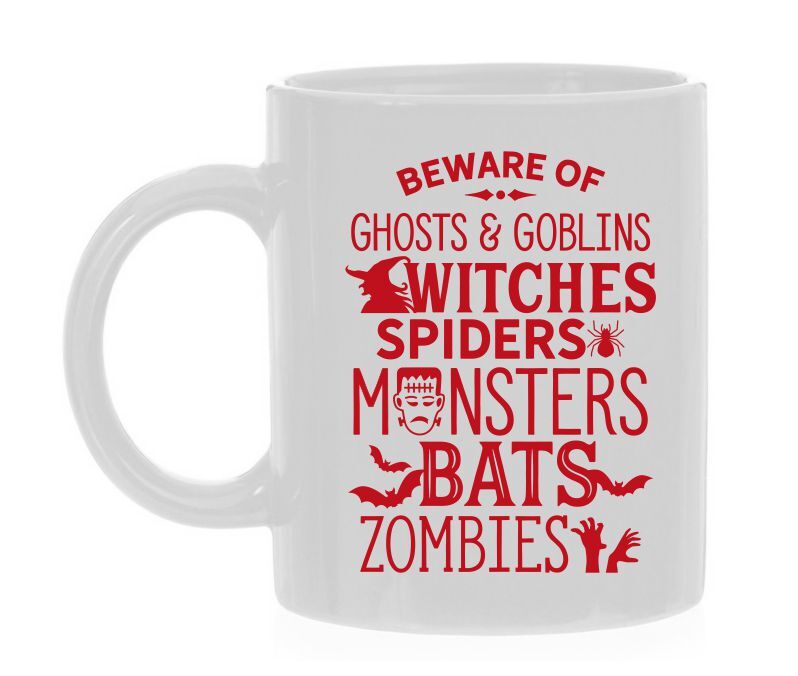 Halloween koffie mok  beware of ghosts gobling witches spiders monsters bats zombies
