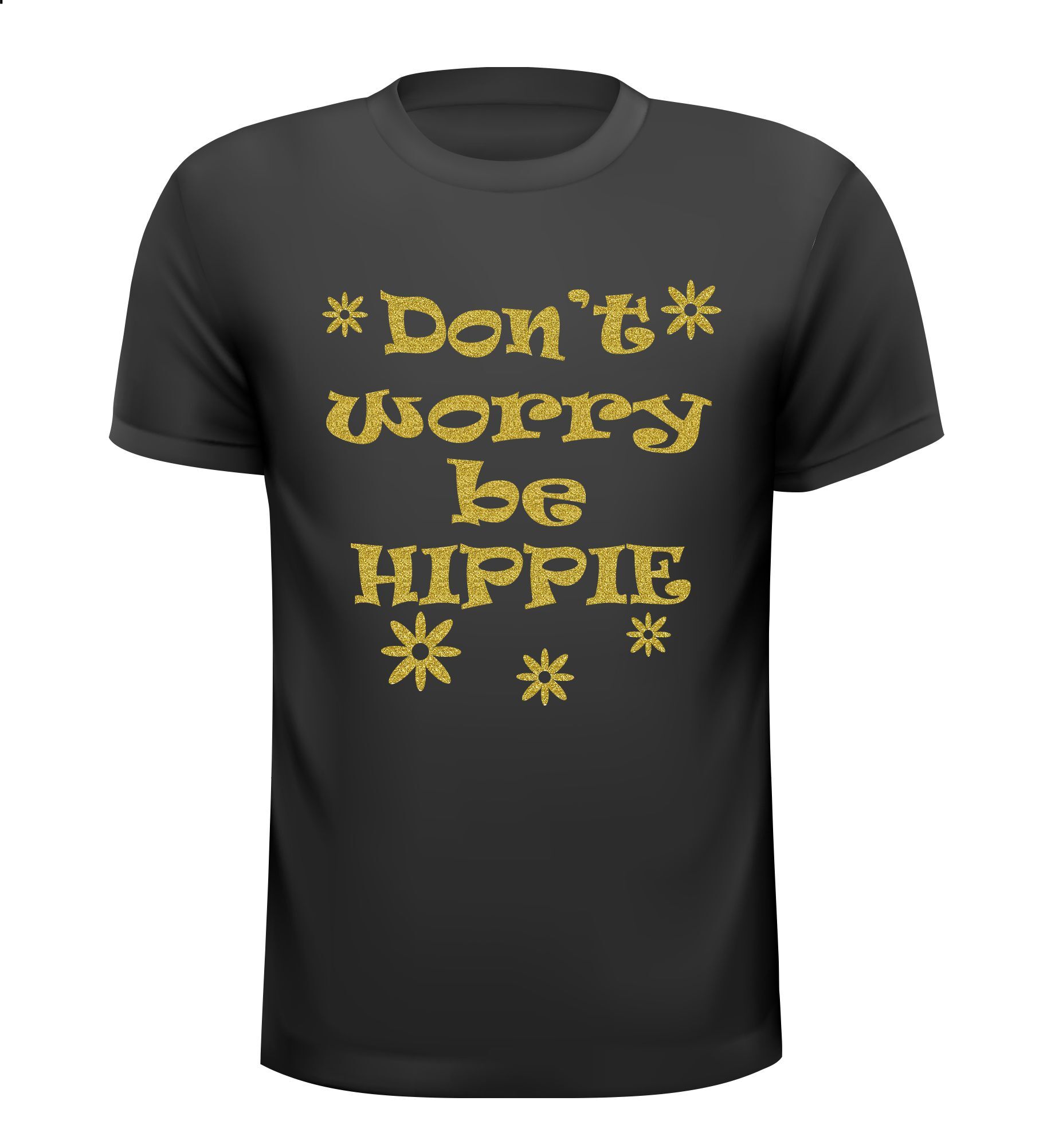 Seventies shirtje met gouden glitters Don't worry be hippie