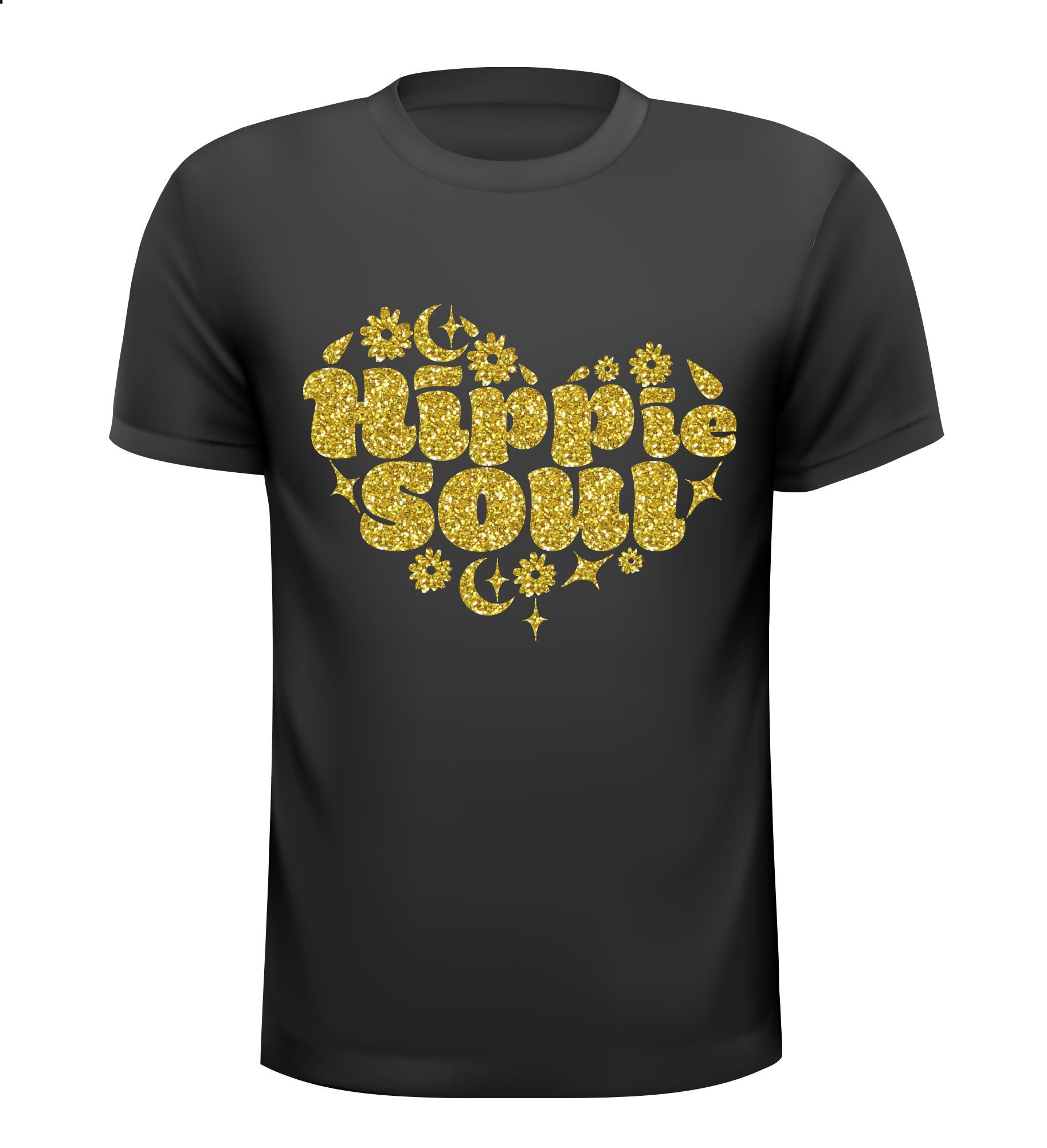 seventies T-shirt glitter foute gouden opdruk hippie soul