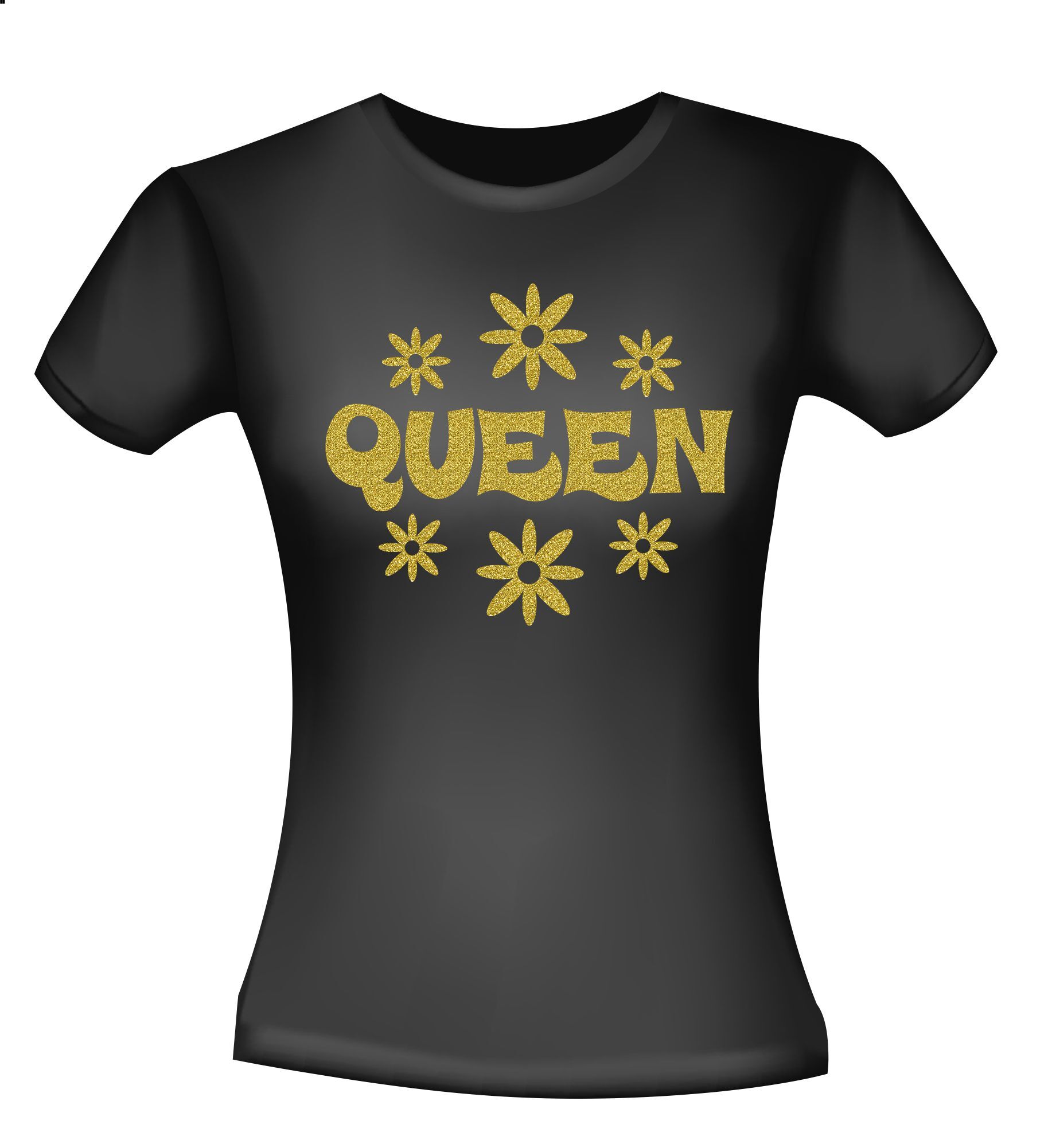 Shirt Queen seventies foute gouden glitter opdruk flower power