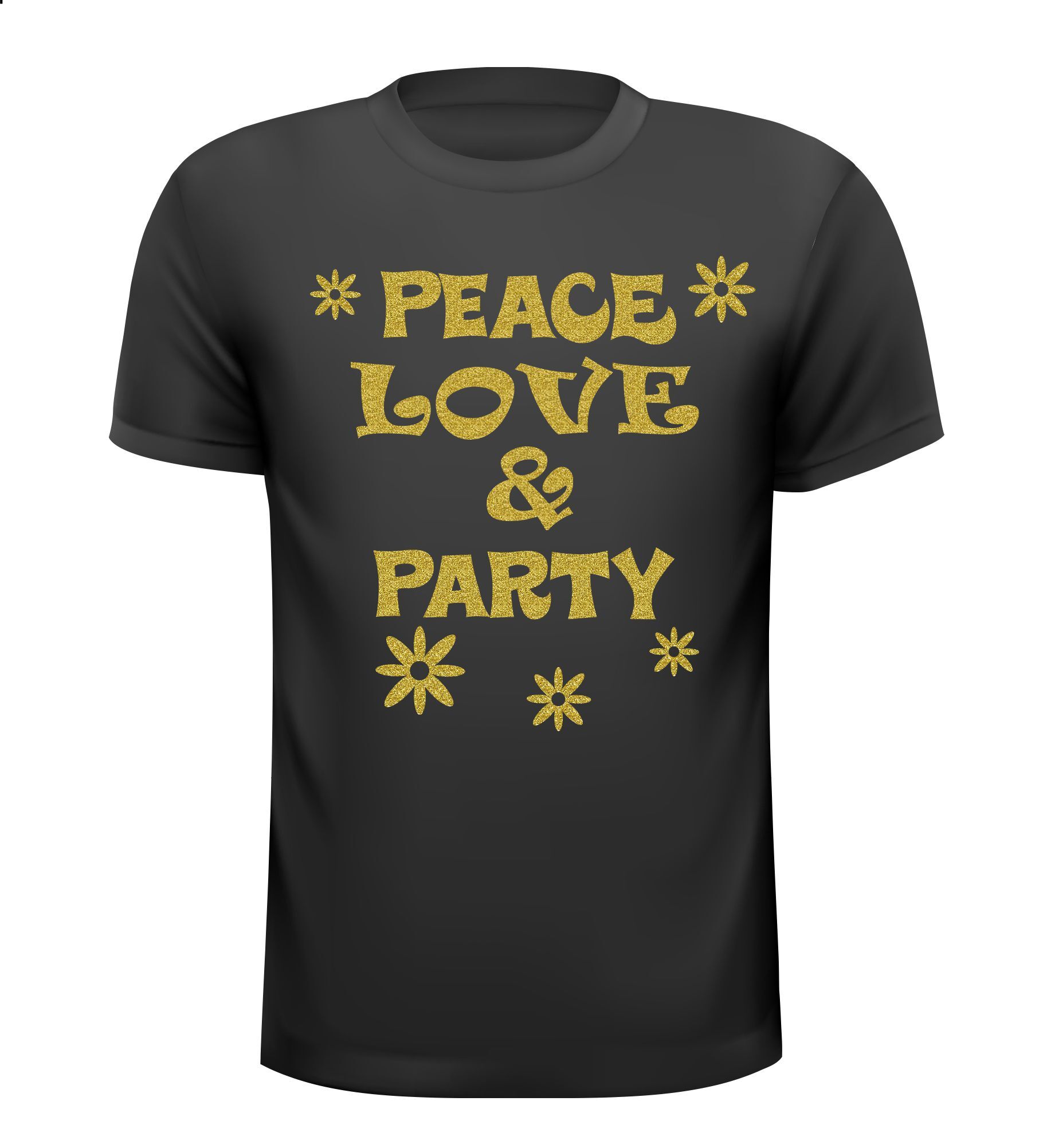 Shirtje Peace love and party in foute gouden glitter opdruk flower power