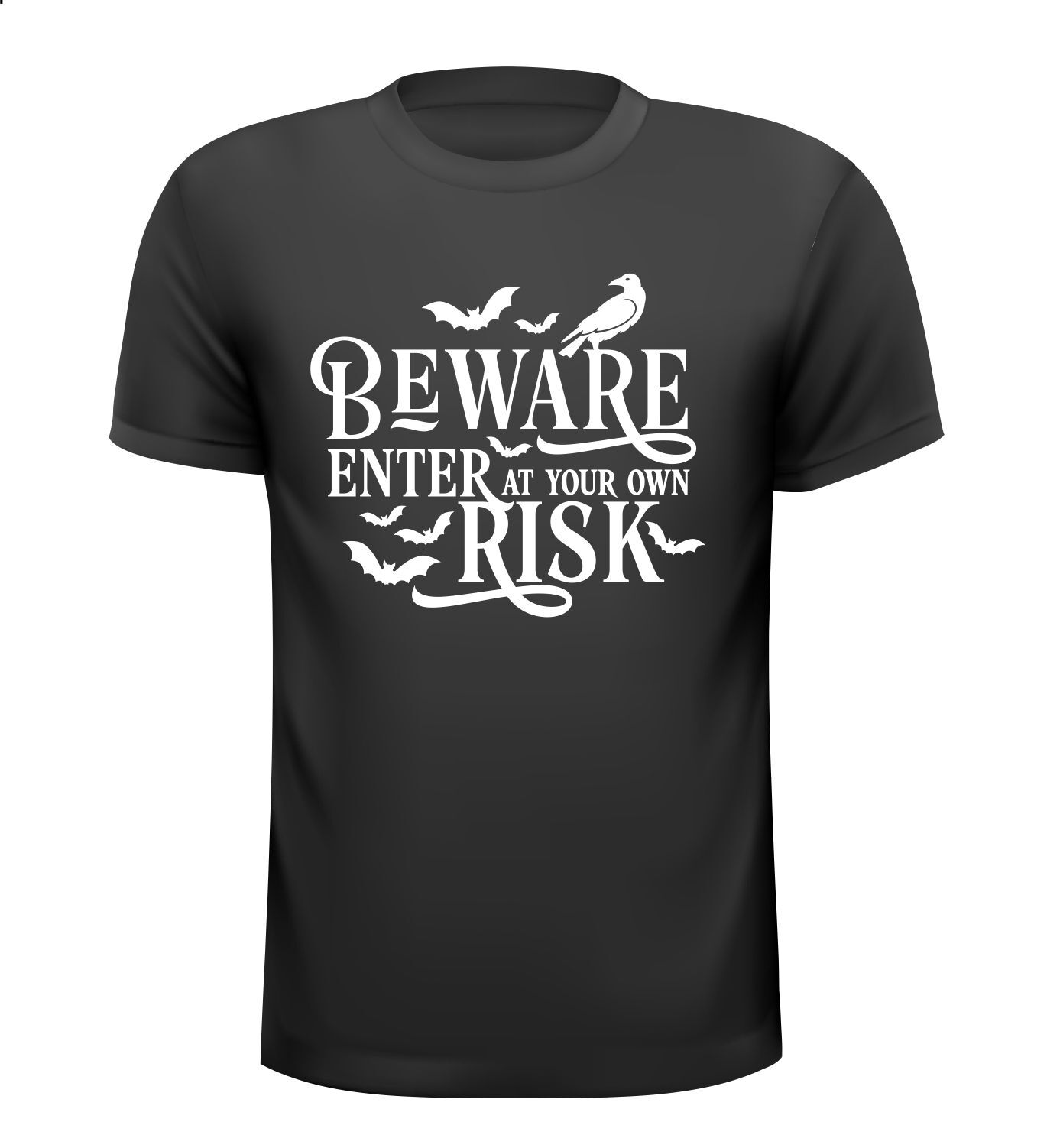 T-shirt voor Halloween beware enter at your own risk eigen risico wees voorzichtig