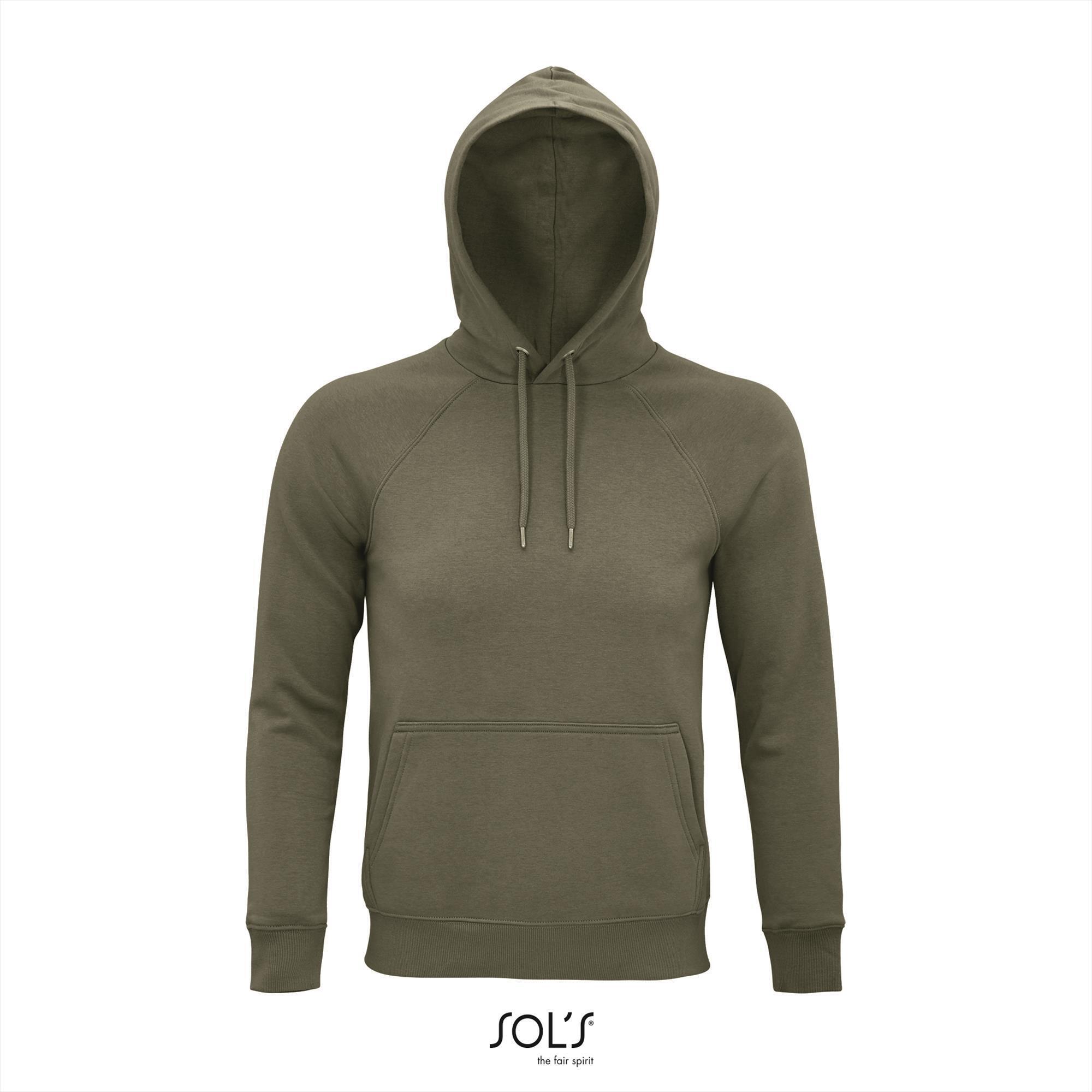 Hoge kwaliteit organische hoodie unisex kaki kleur