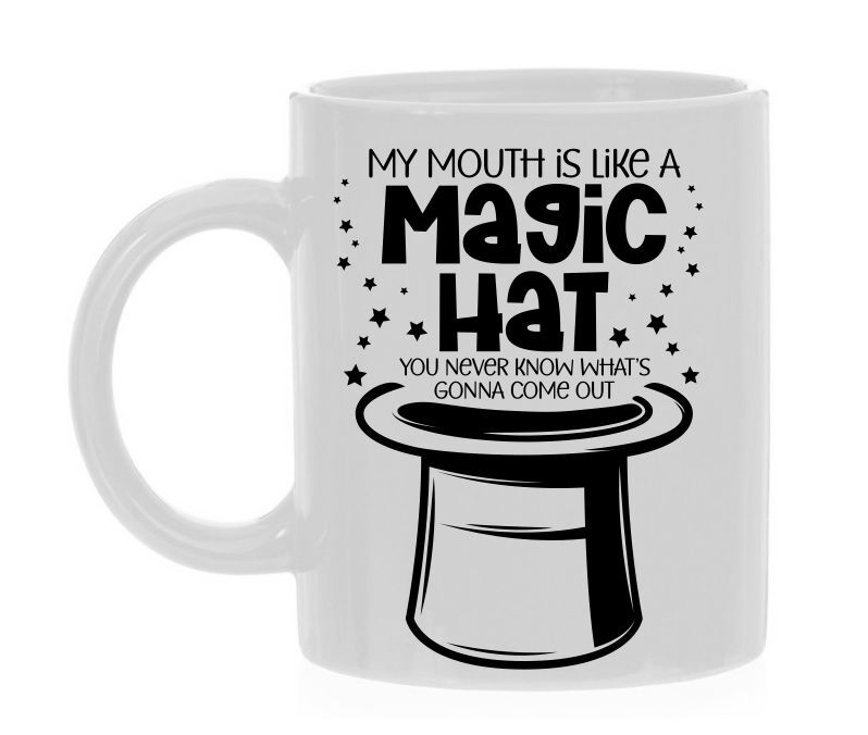 Witte koffie mok Mok my mouth is like a magic hat magische hoed grappig goochelaarshoed je weet niet wat er tevoorschijn komt!