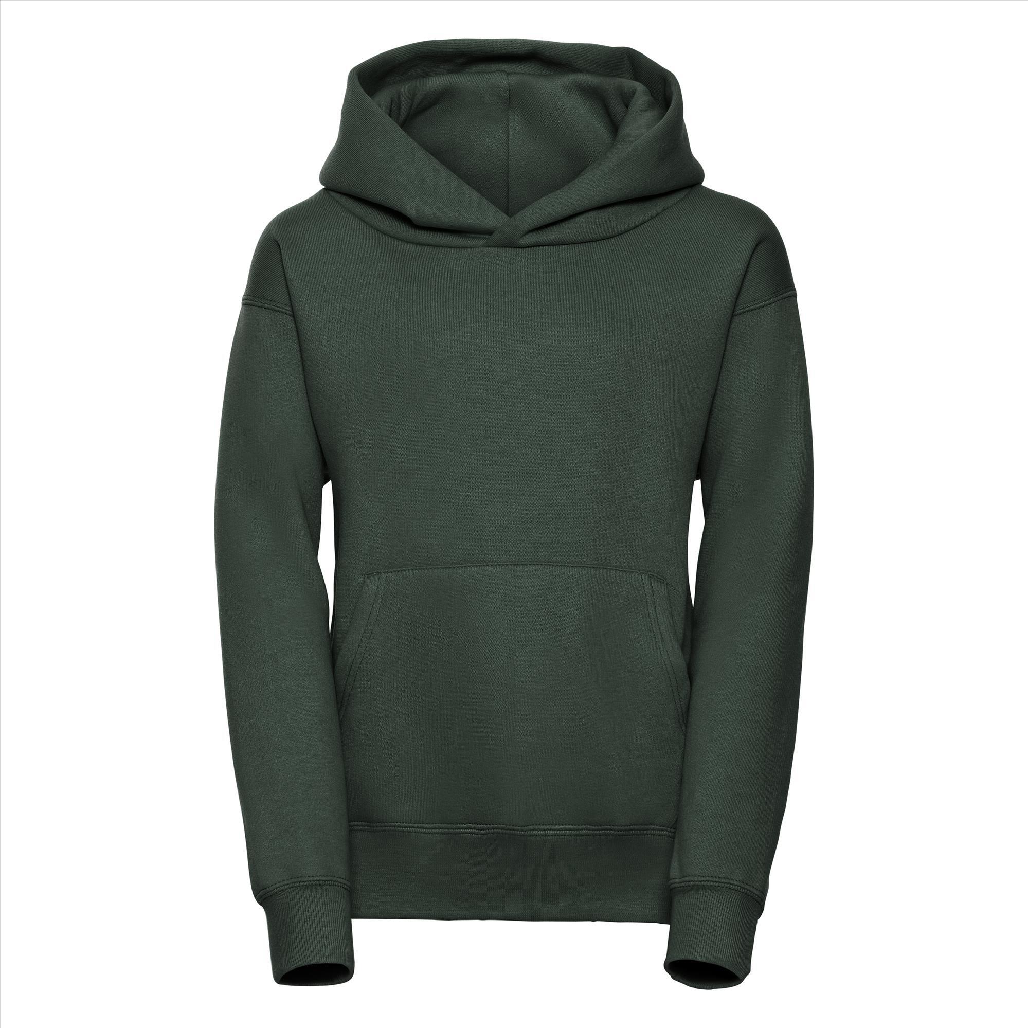 Donkergroene Kinder hoodie met dubbellaags capuchon.