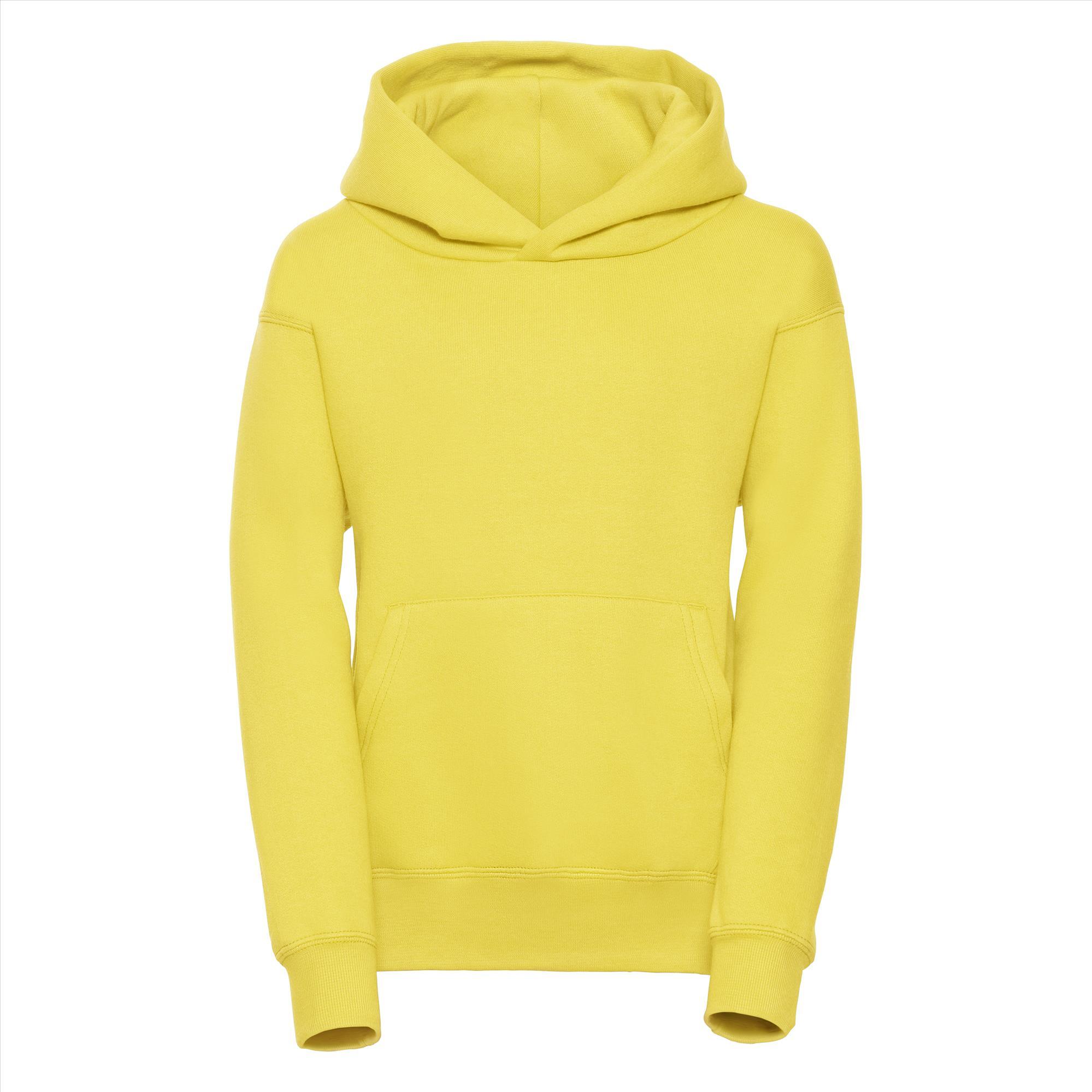 Gele Kinder hoodie met dubbellaags capuchon.