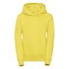 Gele Kinder hoodie met dubbellaags capuchon.