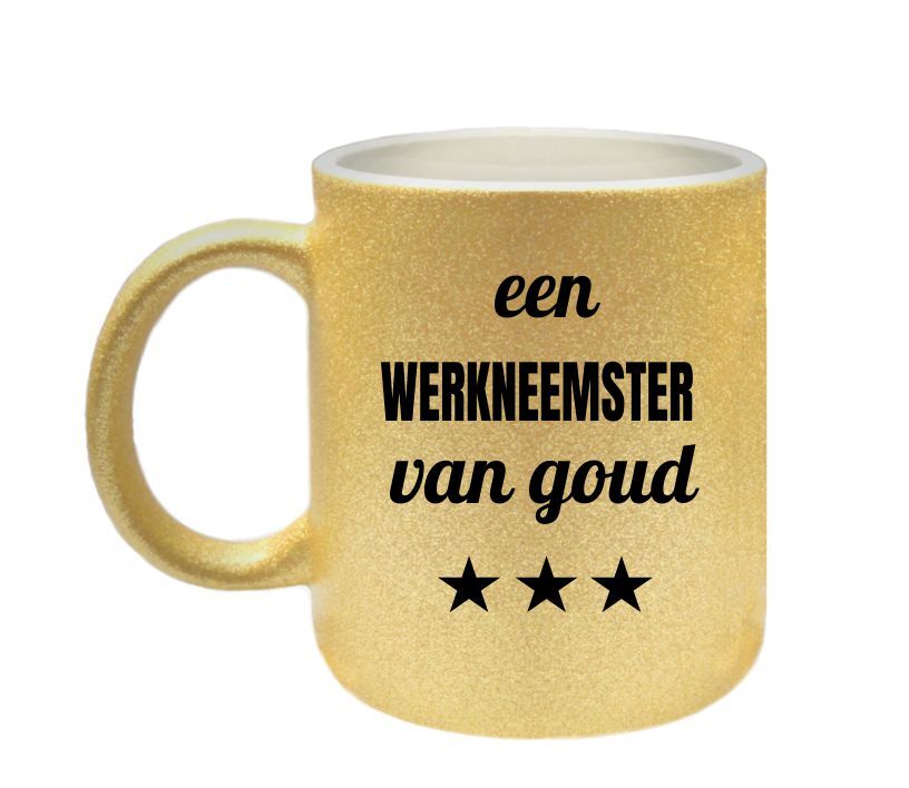 Glitter gouden mok voor een werkneemster van goud glitters