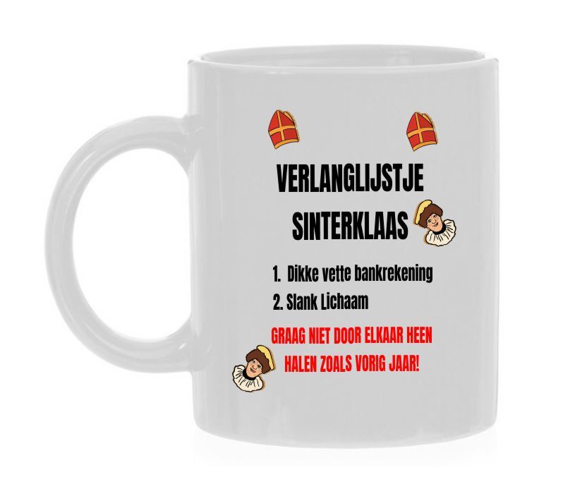 Humoristische mok sinterklaas dikke vette bankrekening en een slank lichaam leuk suprise