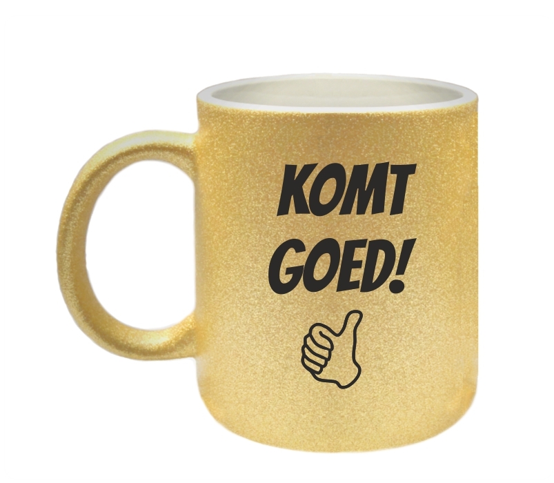 Komt goed mok met duim glitter goud