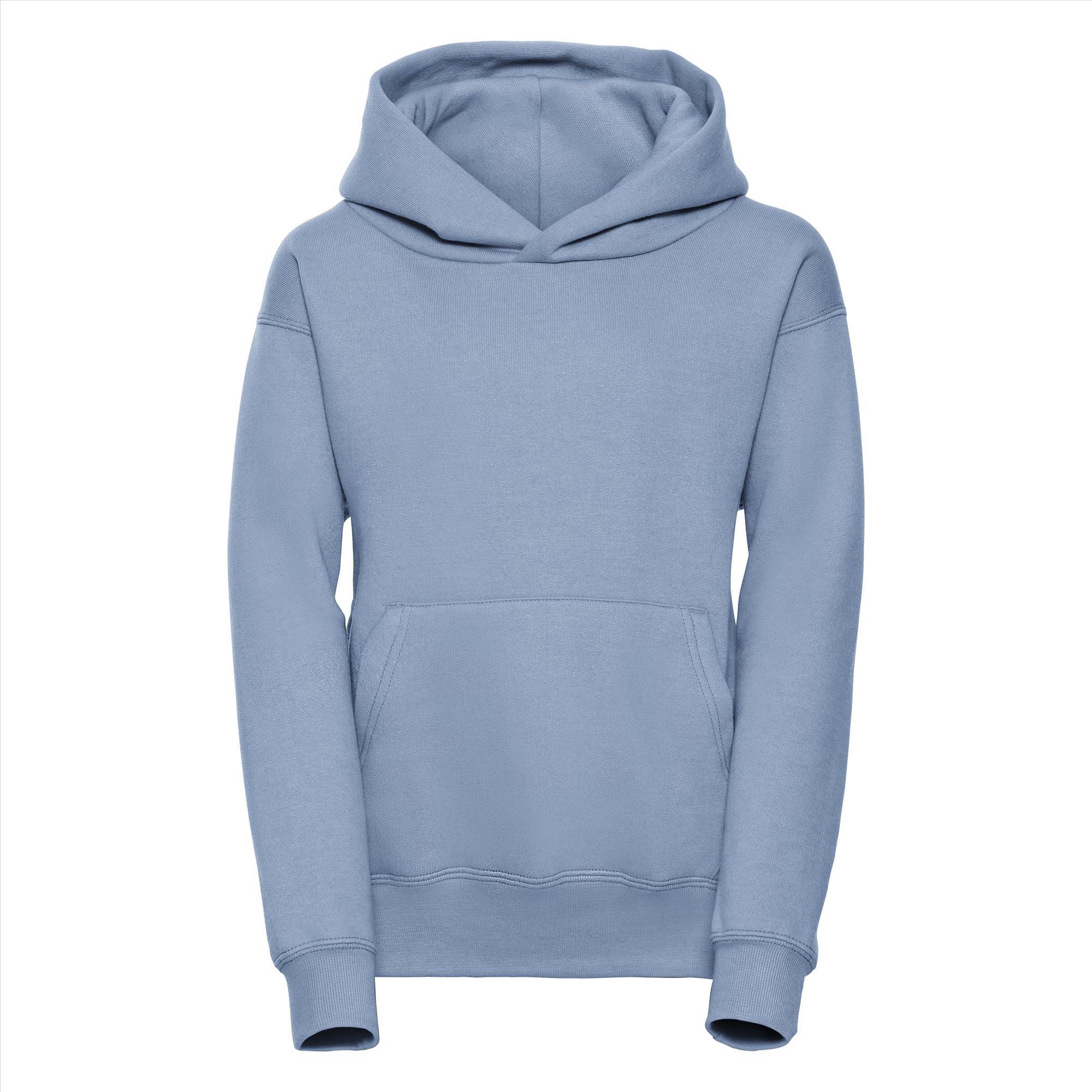 Lichtblauwe Kinder hoodie met dubbellaags capuchon.