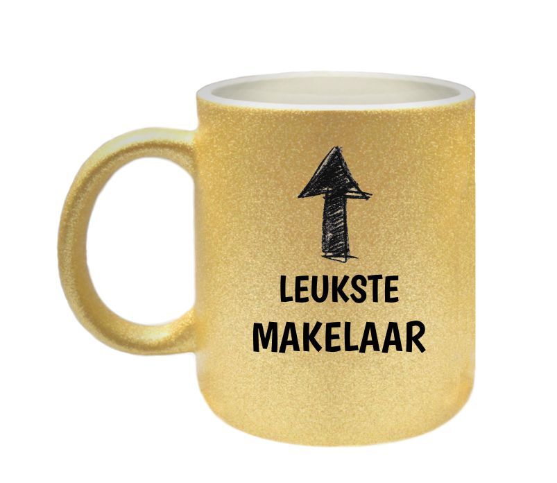 Mok in het glitter goud voor een makelaar bedankje cadeau 