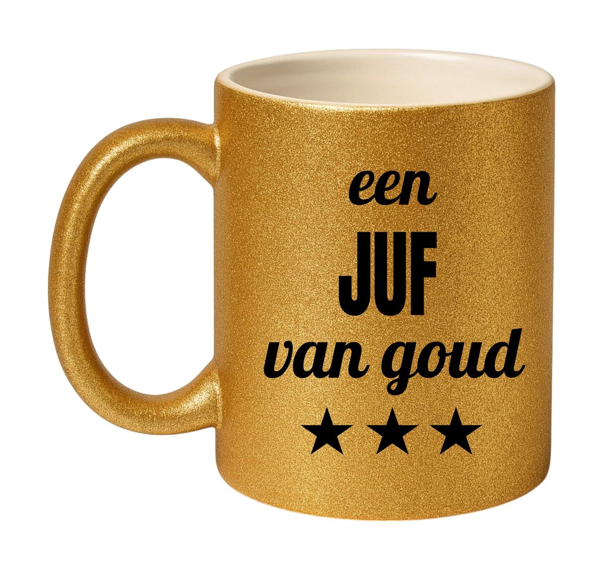 Mok met gouden glitters voor een juf van goud mok