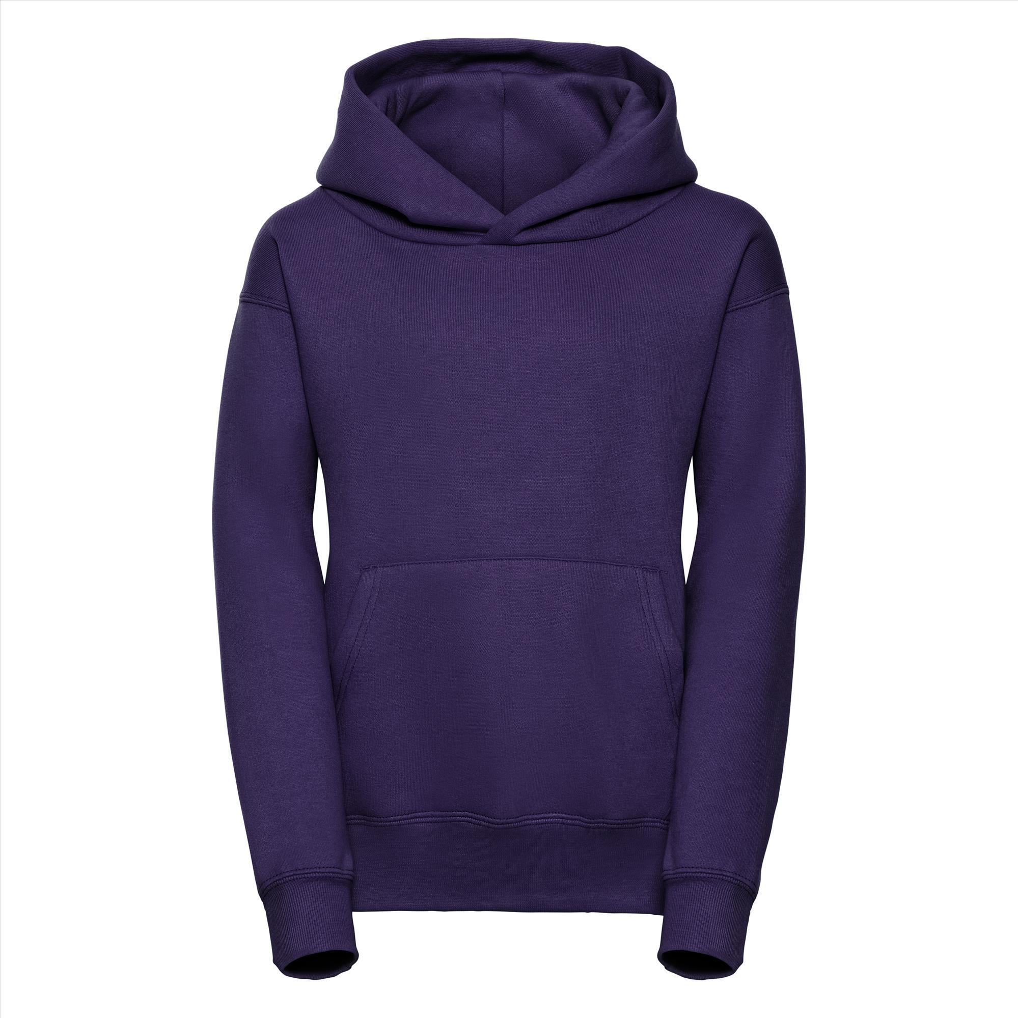 Paarse Kinder hoodie met dubbellaags capuchon.