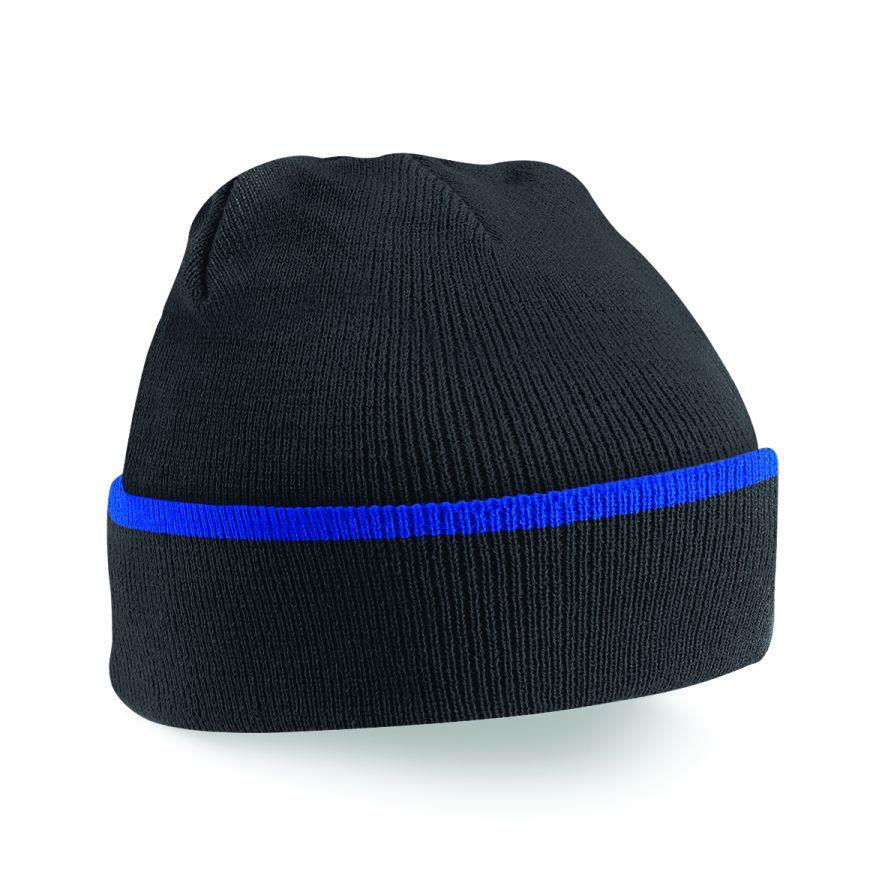 Wintermutsen Mutsen voor winterse dagen Teamwear muts zwart met blauw streep