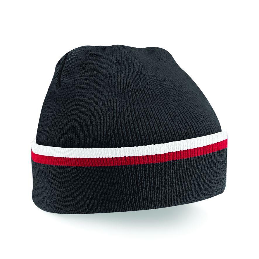 Wintermutsen Mutsen voor winterse dagen Teamwear muts zwart met rode en witte streep
