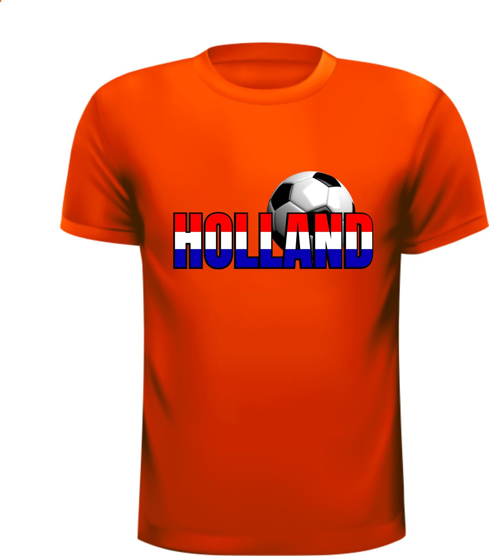 Oranje T-shirt met opdruk Holland in de Nederlandse vlag en een voetbal op de achtergrond