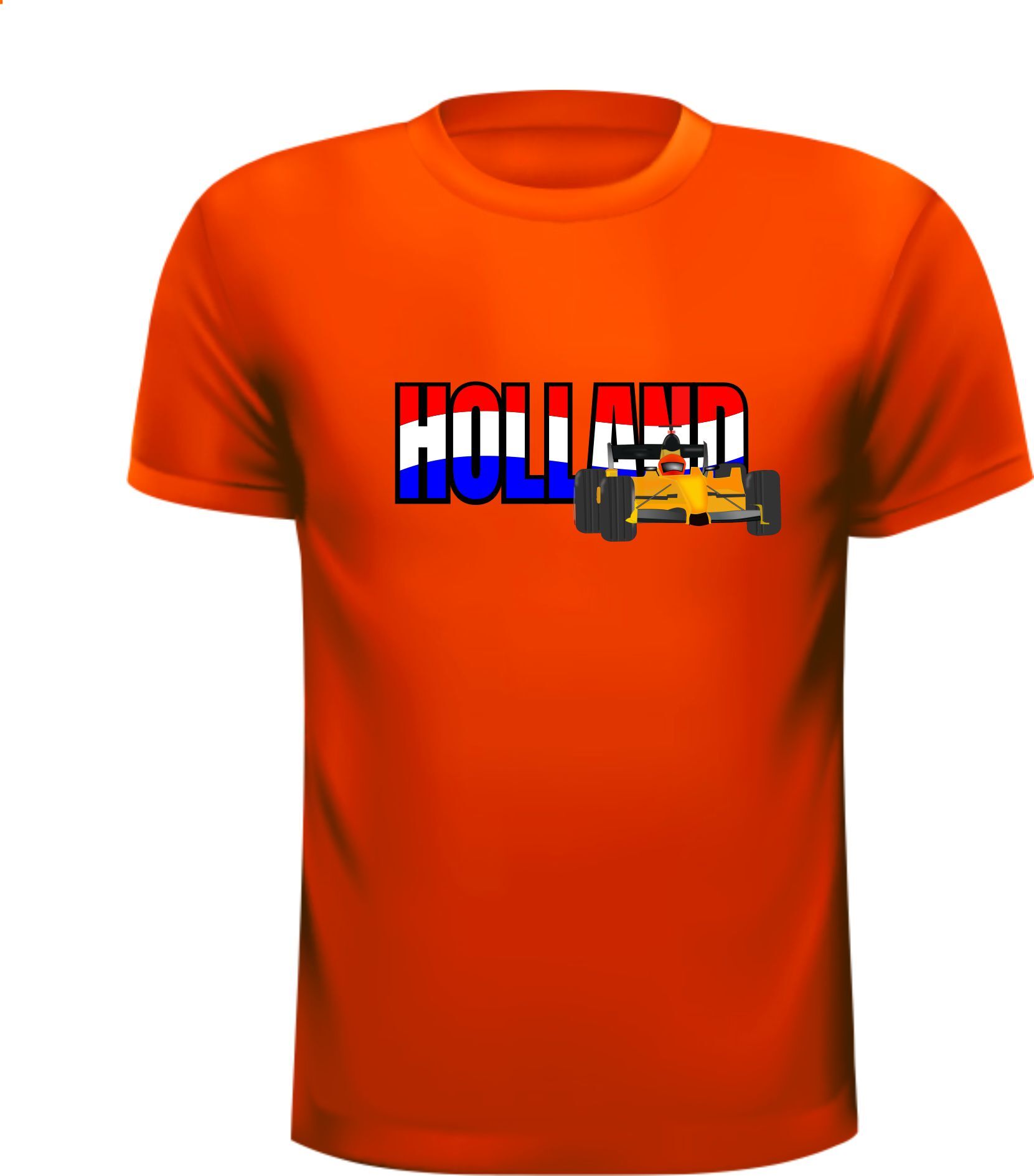 Oranje T-shirt opdruk Holland in de Nederlandse vlag met race auto