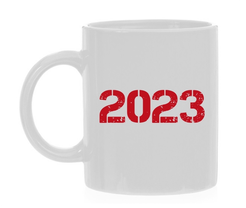 2023 koffiemok jaartal vintage robijnrood look