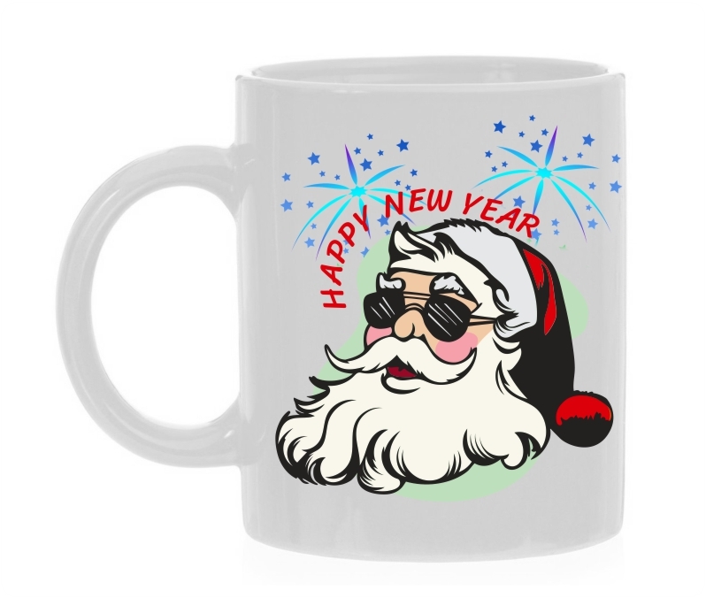 Kerstmannen koffie mok happy new year met een coole kerstman santa foute mok
