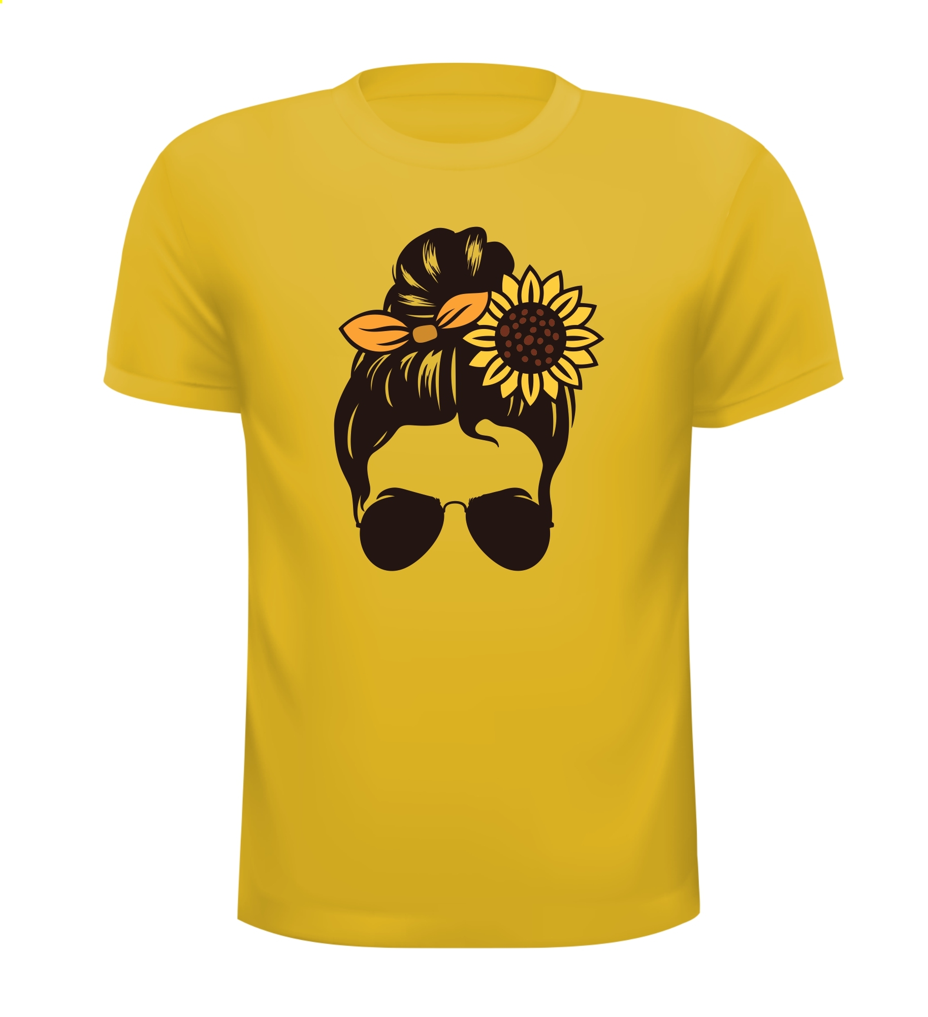 T-shirt messy sunflower-hair bun rommelige knot met zonnebloemhaar