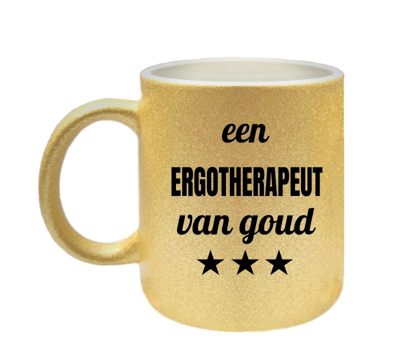 Beker met gouden glitters  voor een ergotherapeut van goud leuk cadeauttje